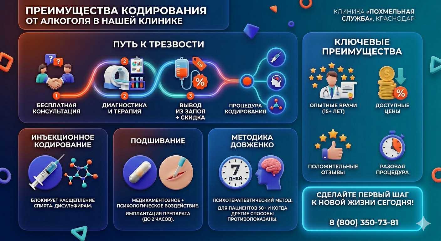 Инфографика о методах кодирования от алкоголя в Закаменске: инъекции, подшивание, метод Довженко. Преимущества клиники и этапы лечения.