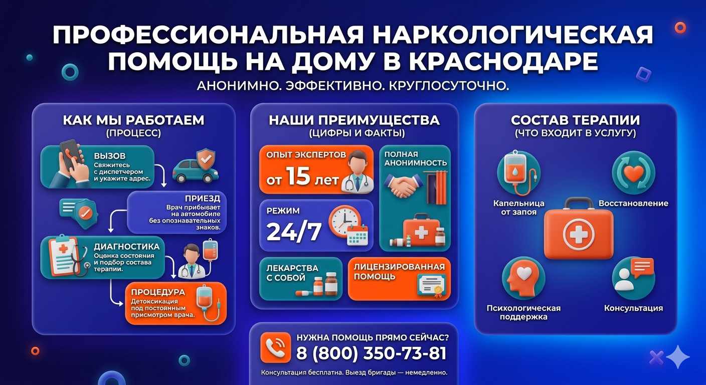 Инфографика о принципах лечения алкоголизма на дому в Закаменске: этапы вызова нарколога, преимущества анонимной детоксикации и состав медицинской помощи.